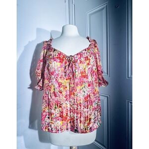 Sézane Floral Pleated Blouse Size 40/M Pink Multicolor Puff Sleeve Boho Top